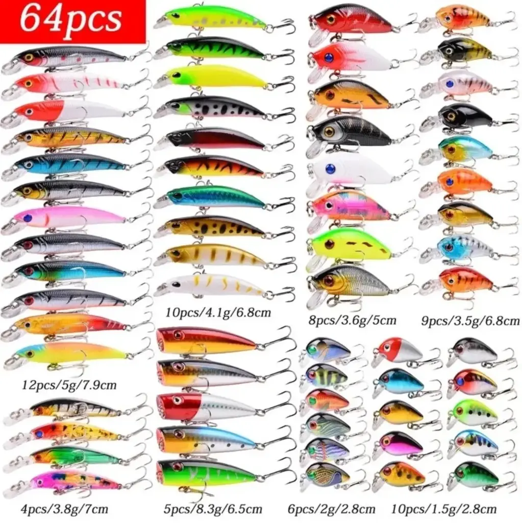 Lot de 64 leurres de pêche